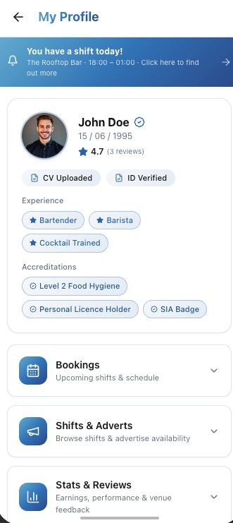 Worker profile in the YourCover app