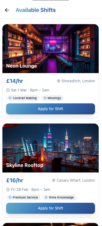 Available shifts in the YourCover app